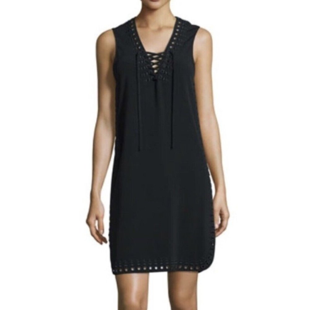 Derek Lam 10 CROSBY Lace-up Embroidered Grommet Tank Dress Size 4, BLACK